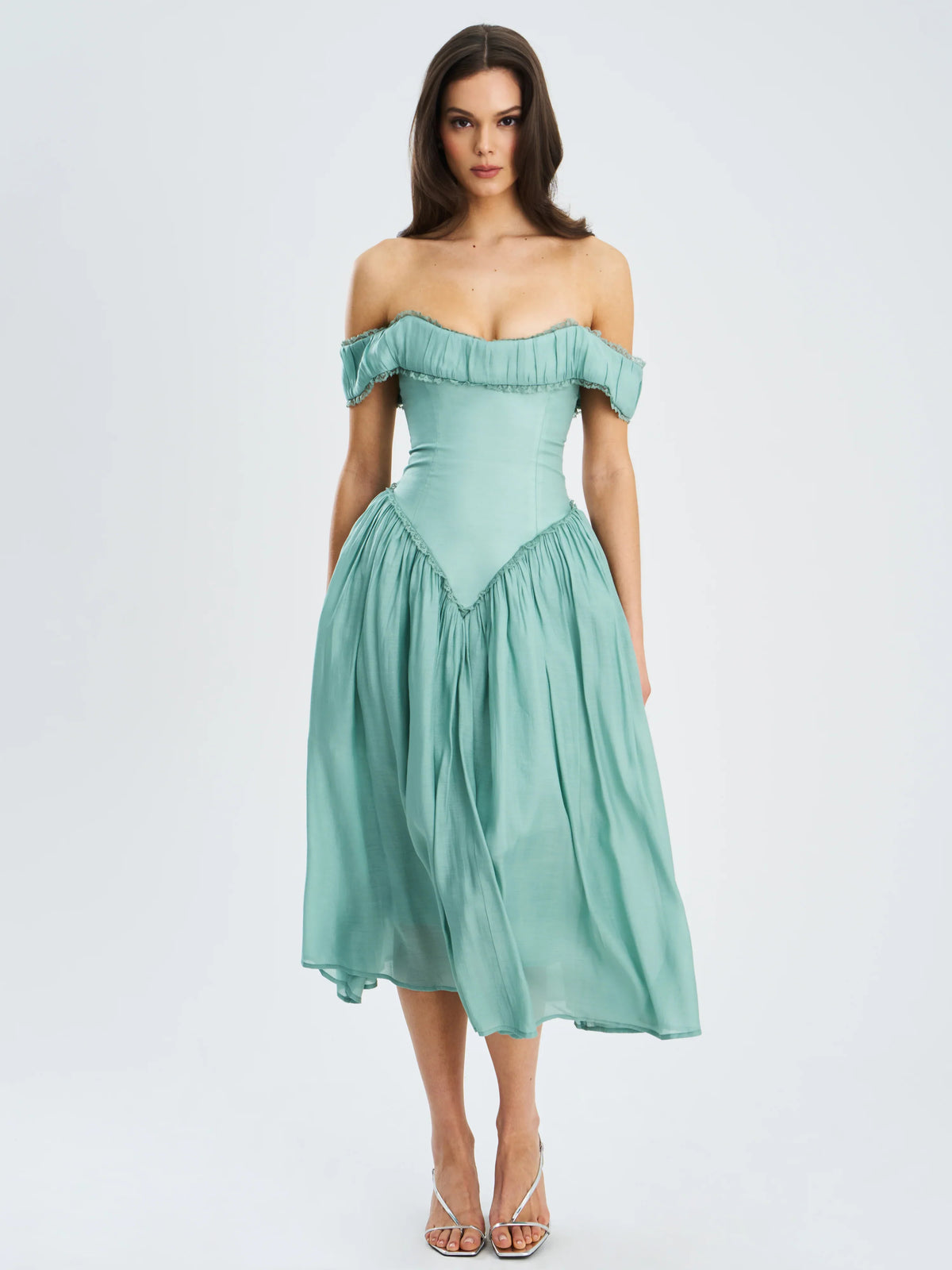 Seafoam Green Off-Shoulder Corset-Style Midi Dress | Lace-Trim A-Line Wedding Guest Dress