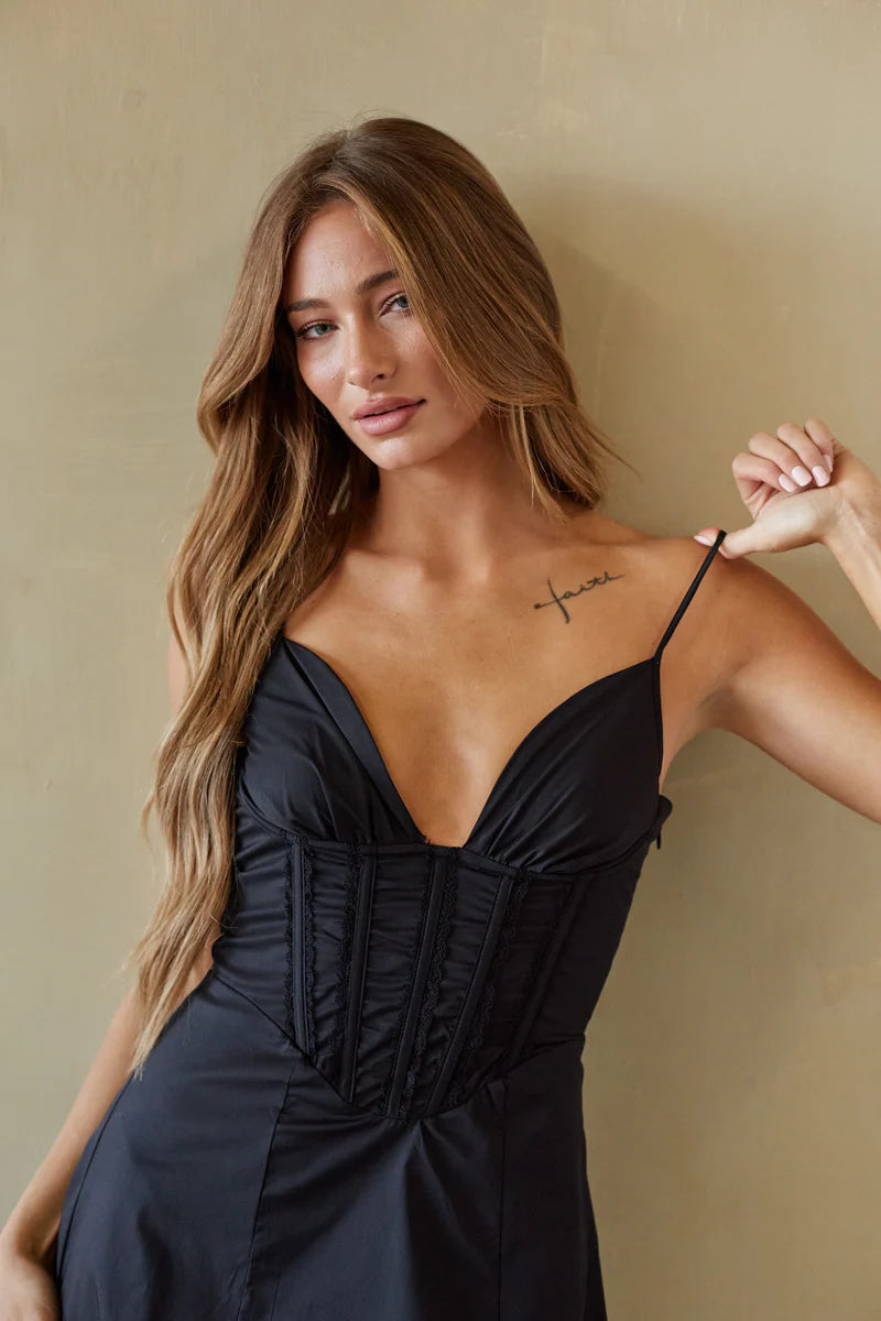 Deep V-Neck Corset Mini Dress | Lace-Up Back A-Line Party Dress with Slit