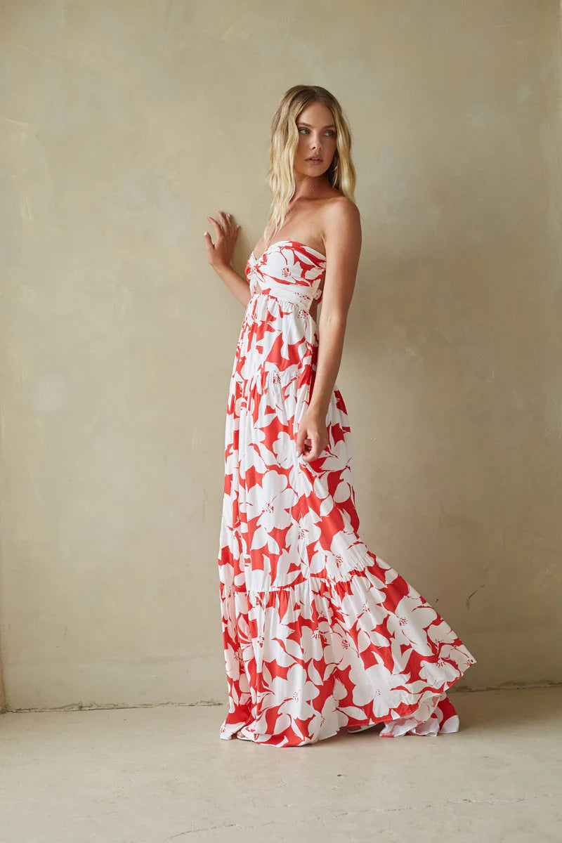 Floral Strapless Maxi Dress | Twist-Front Cutout Tiered Vacation Sundress