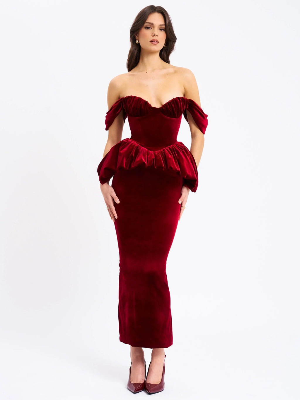 Burgundy Off-Shoulder Peplum Midi Dress | Sweetheart Neckline Formal Evening Dress