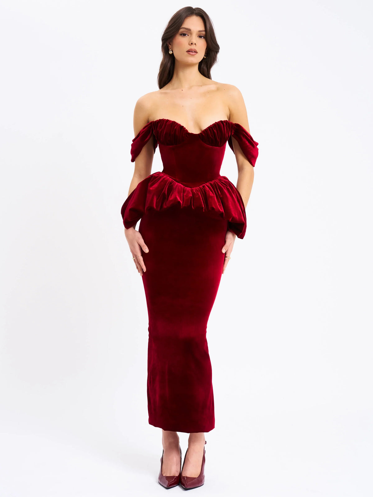 Burgundy Off-Shoulder Peplum Midi Dress | Sweetheart Neckline Formal Evening Dress