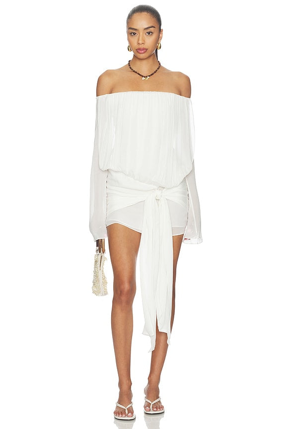 White Off-Shoulder Long Sleeve Mini Dress | Draped Tie-Front Bridal & Party Dress