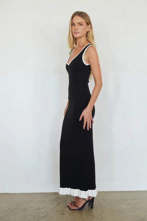 Black and White Contrast-Trim Maxi Dress | Sleeveless V-Neck Ruffle Hem Dress