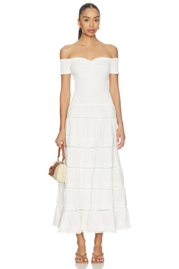 White Off-Shoulder Tiered Midi Dress | Sweetheart Neckline Lace-Trim Summer Dress