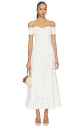 White Off-Shoulder Tiered Midi Dress | Sweetheart Neckline Lace-Trim Summer Dress