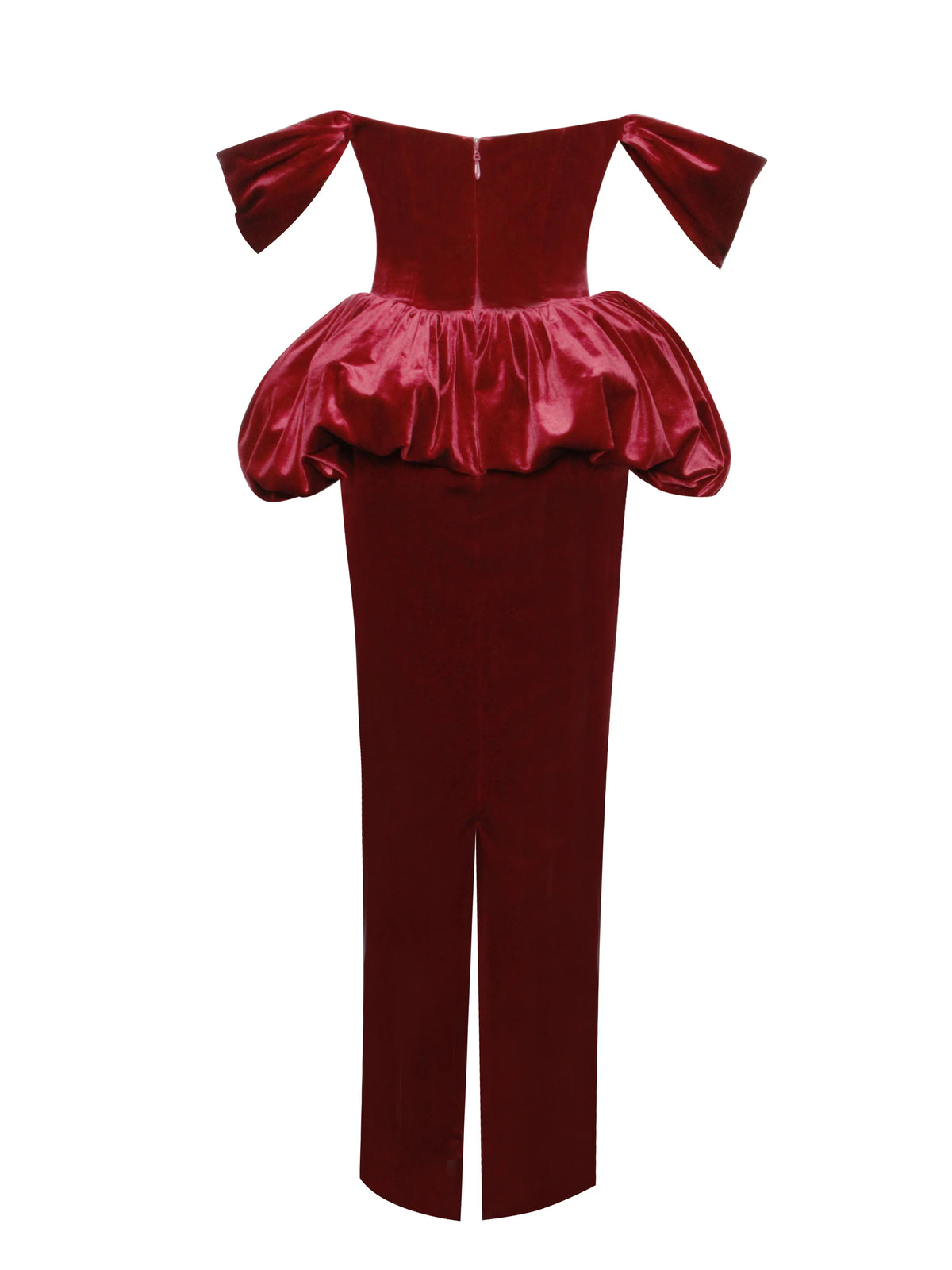 Burgundy Off-Shoulder Peplum Midi Dress | Sweetheart Neckline Formal Evening Dress