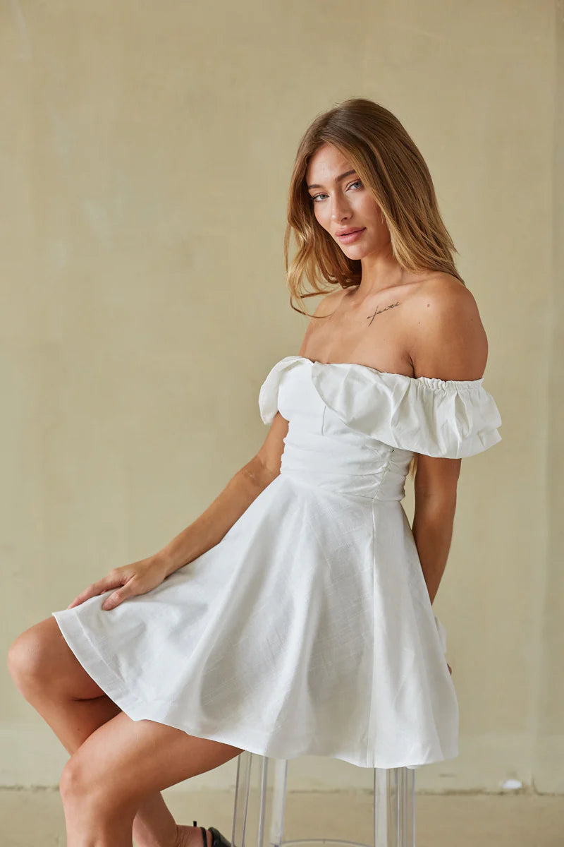 Off-Shoulder Ruffle Mini Dress | Ruched Waist Fit-and-Flare Party Dress