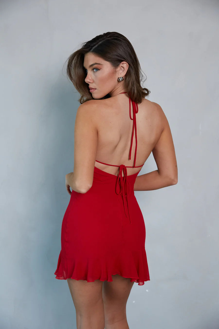 Red Halter Ruffle Mini Dress | V-Neck Open-Back Tie Party Dress