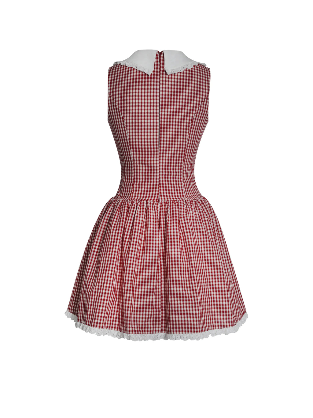 Red Gingham Mini Dress with White Collar | Sleeveless Lace-Trim A-Line Sundress