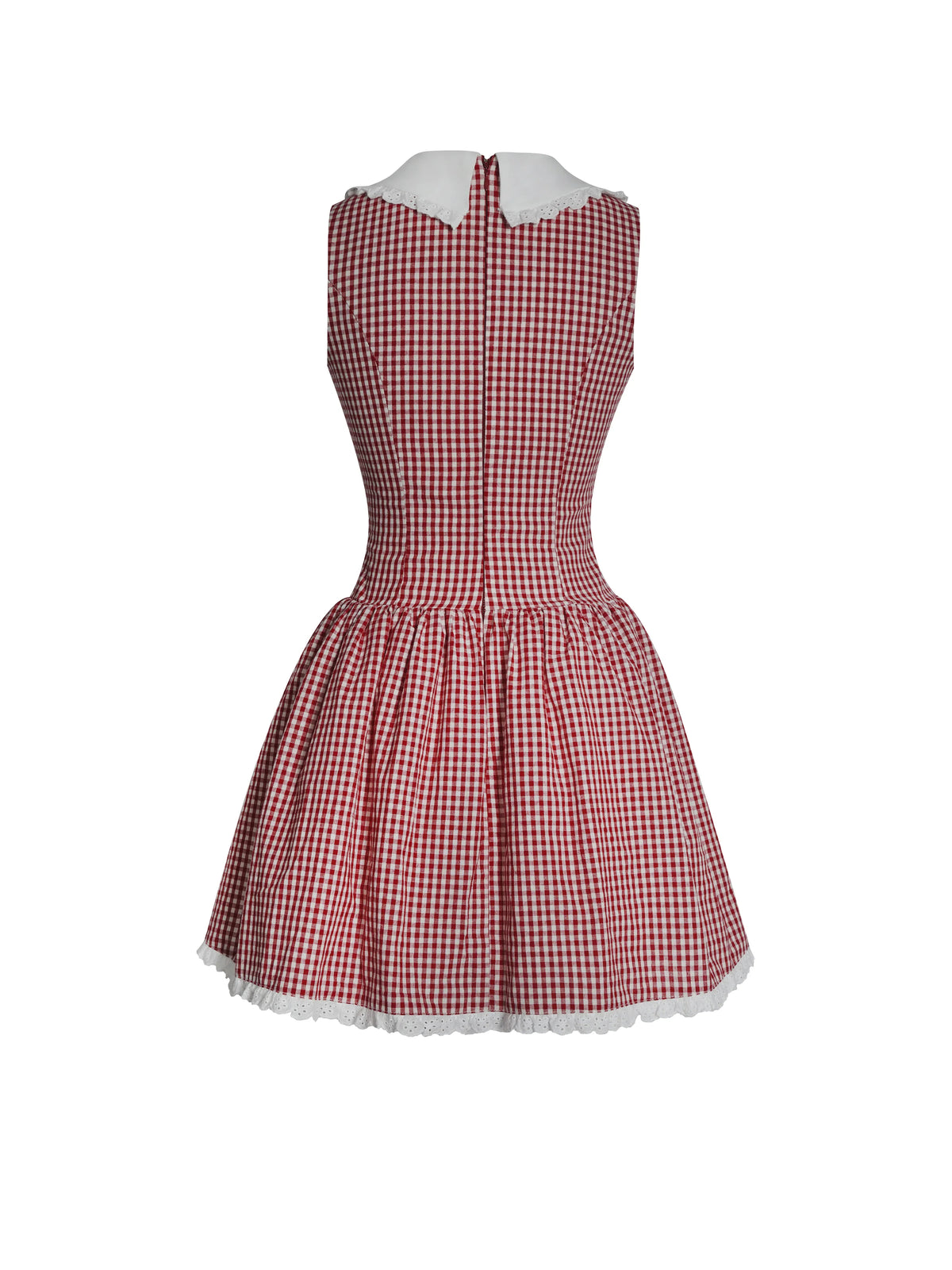 Red Gingham Mini Dress with White Collar | Sleeveless Lace-Trim A-Line Sundress