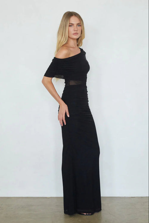 Black Asymmetric Off-Shoulder Maxi Dress | Ruched Mesh-Waist Evening Gown