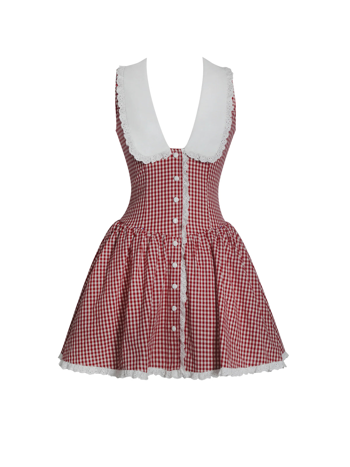 Red Gingham Mini Dress with White Collar | Sleeveless Lace-Trim A-Line Sundress