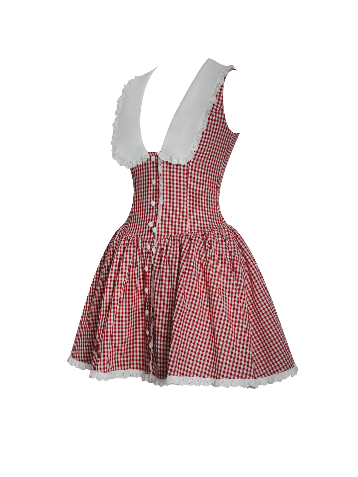 Red Gingham Mini Dress with White Collar | Sleeveless Lace-Trim A-Line Sundress