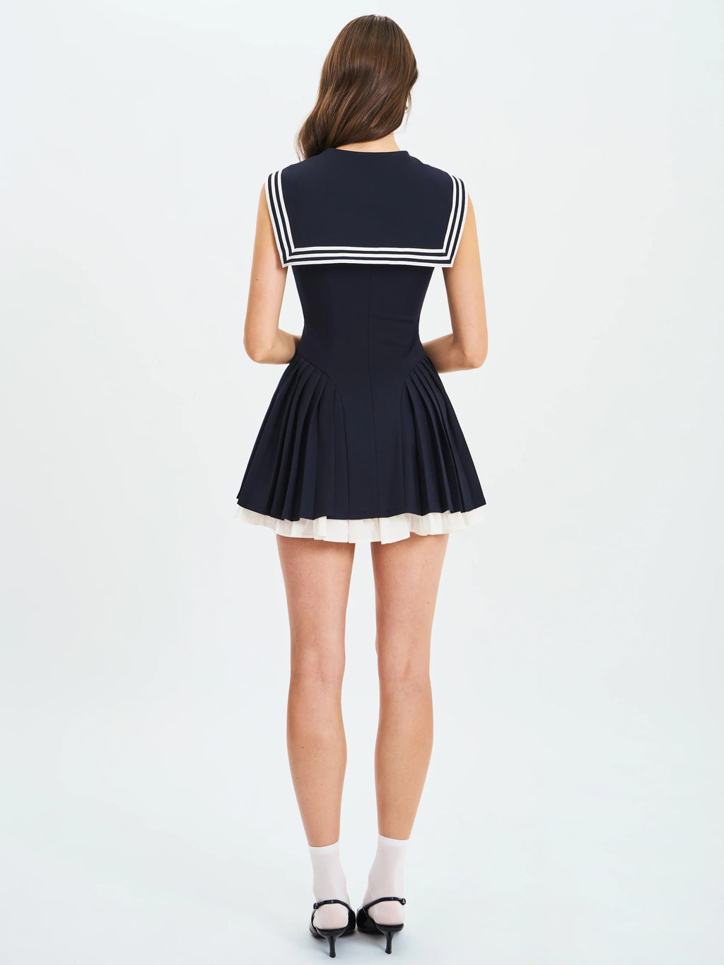 Navy Sailor Collar Mini Dress | Sleeveless Pleated A-Line Preppy Dress with White Trim
