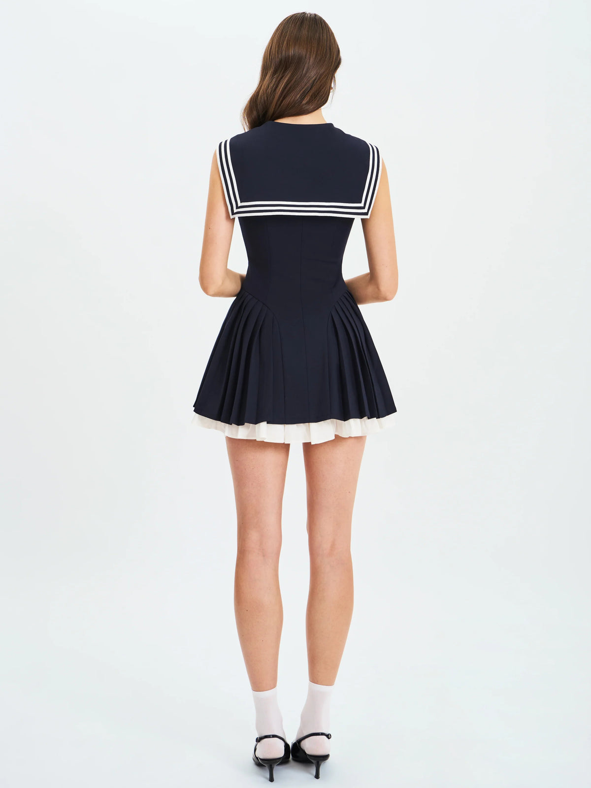 Navy Sailor Collar Mini Dress | Sleeveless Pleated A-Line Preppy Dress with White Trim