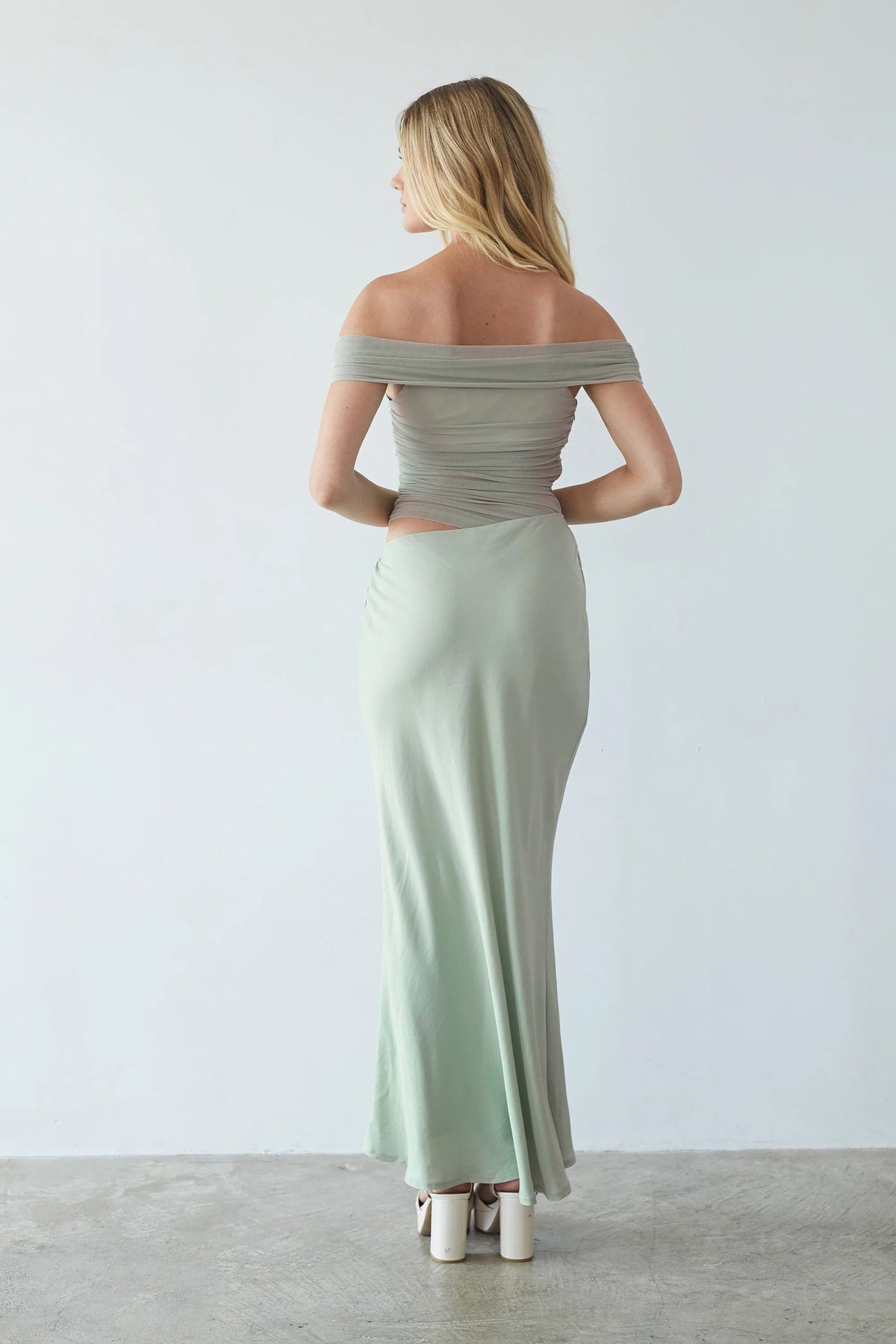 Sage Green Off-Shoulder Maxi Dress | Ruched Waist-Cutout Draped Evening Dress
