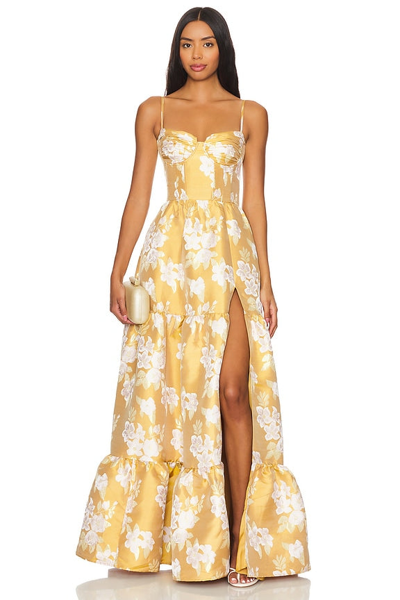 Yellow Floral Corset Maxi Dress | Lace-Up Back Tiered Gown with High Slit