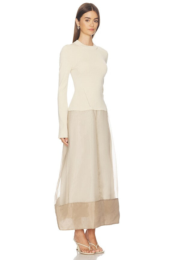 Ivory and Beige Long Sleeve Maxi Dress | Crew Neck Sheer Overlay A-Line Dress