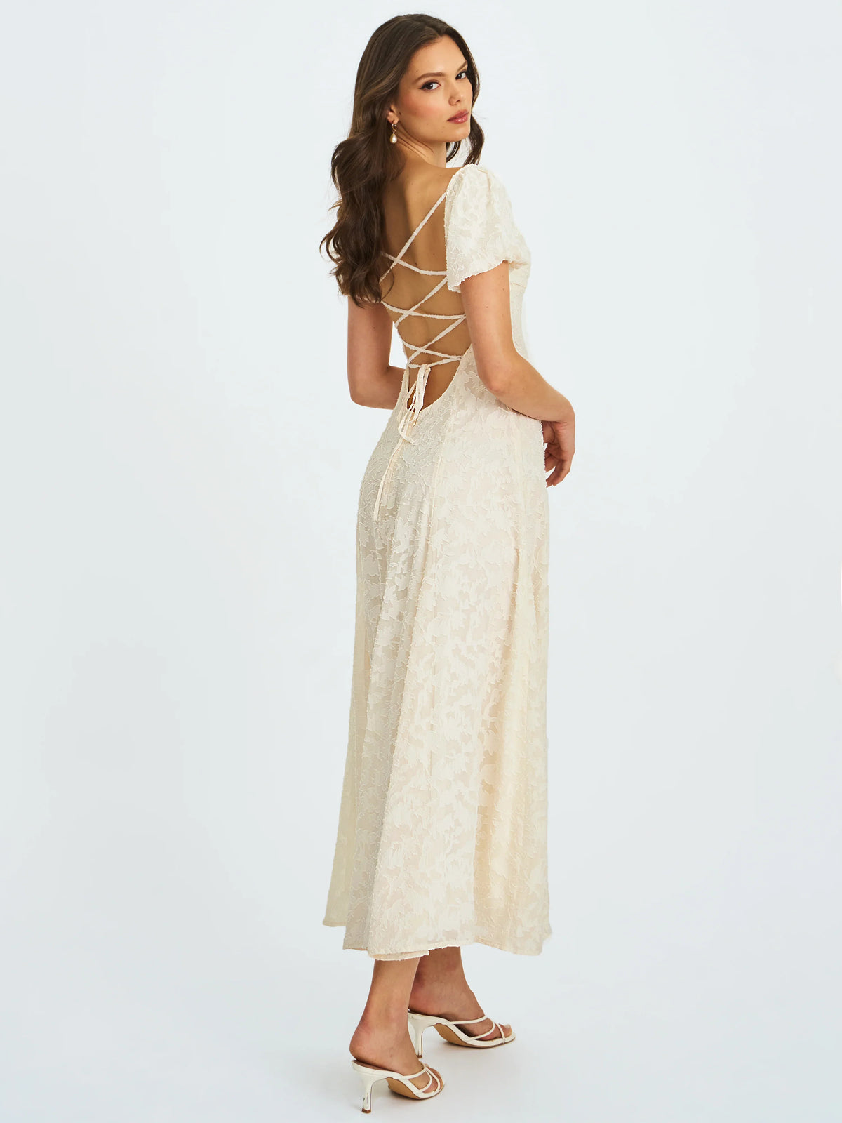 Ivory Floral Lace Puff Sleeve Midi Dress with Lace-Up Back | Sweetheart Bridal Dress