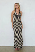 Black and Cream Chevron Halter Maxi Dress | Open-Back Knit Vacation Dress