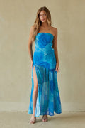Blue Floral Strapless Maxi Dress | Drop-Waist Sheer Skirt High-Slit Occasion Dress
