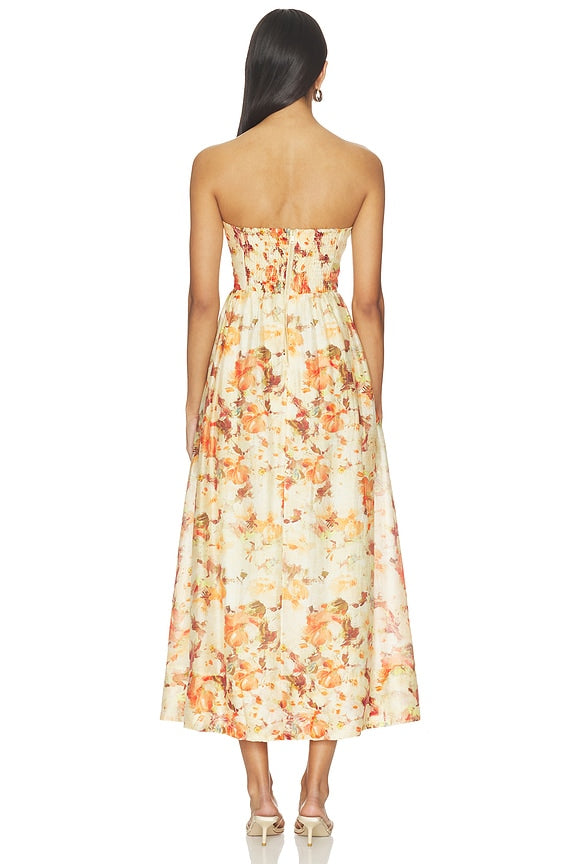 Ivory Floral Strapless Corset-Style Midi Dress | A-Line Wedding Guest & Garden Party Dress
