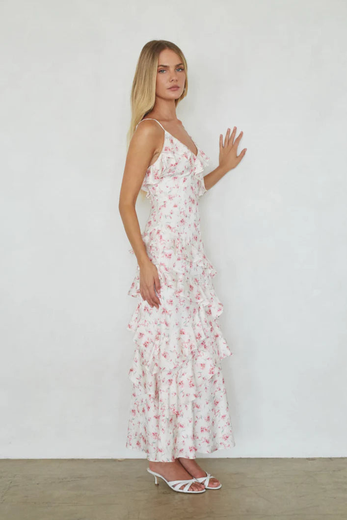 Ivory Pink Floral Ruffle Maxi Dress | V-Neck Spaghetti Strap Occasion Dress