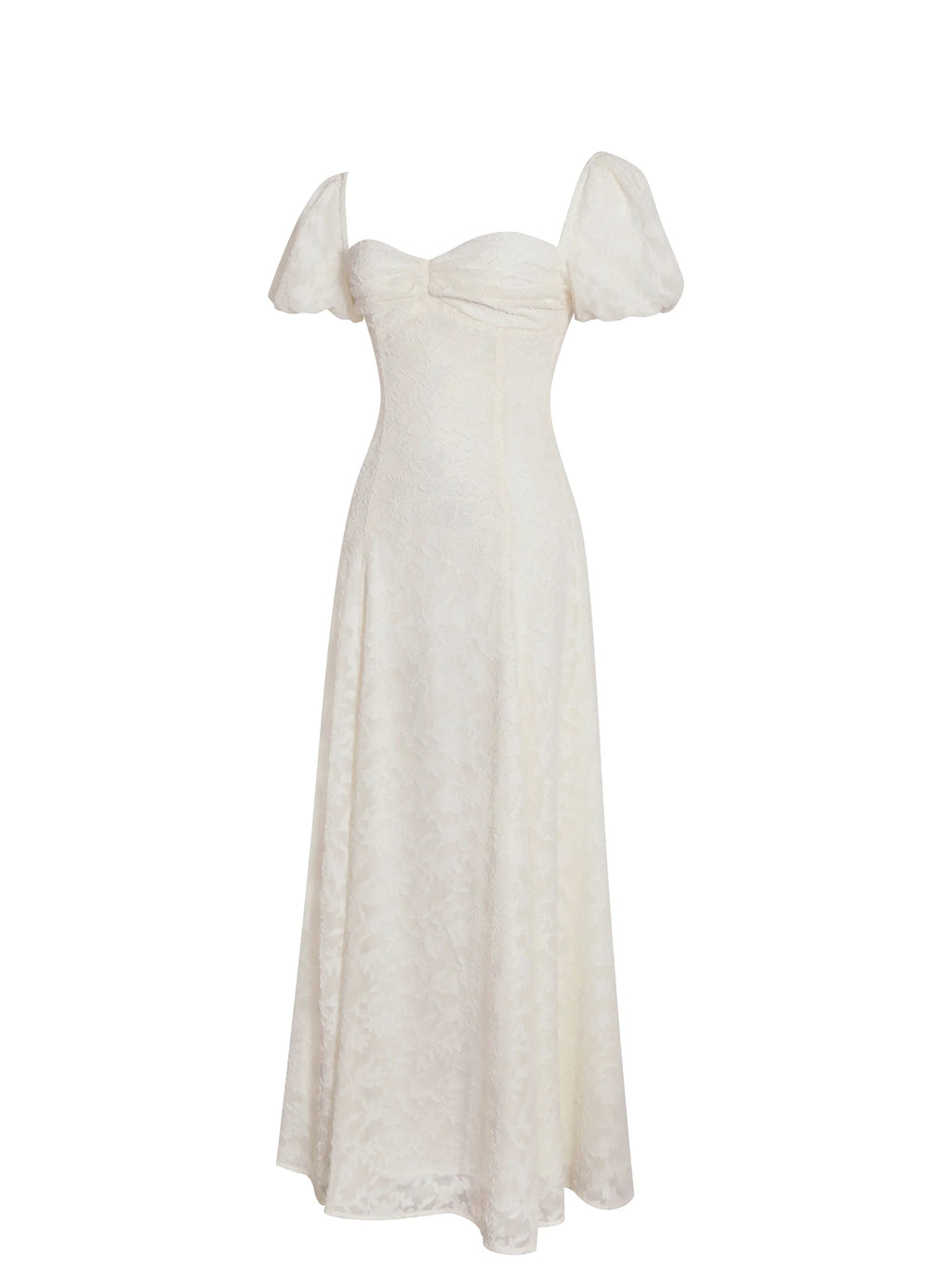 Ivory Floral Lace Puff Sleeve Midi Dress with Lace-Up Back | Sweetheart Bridal Dress