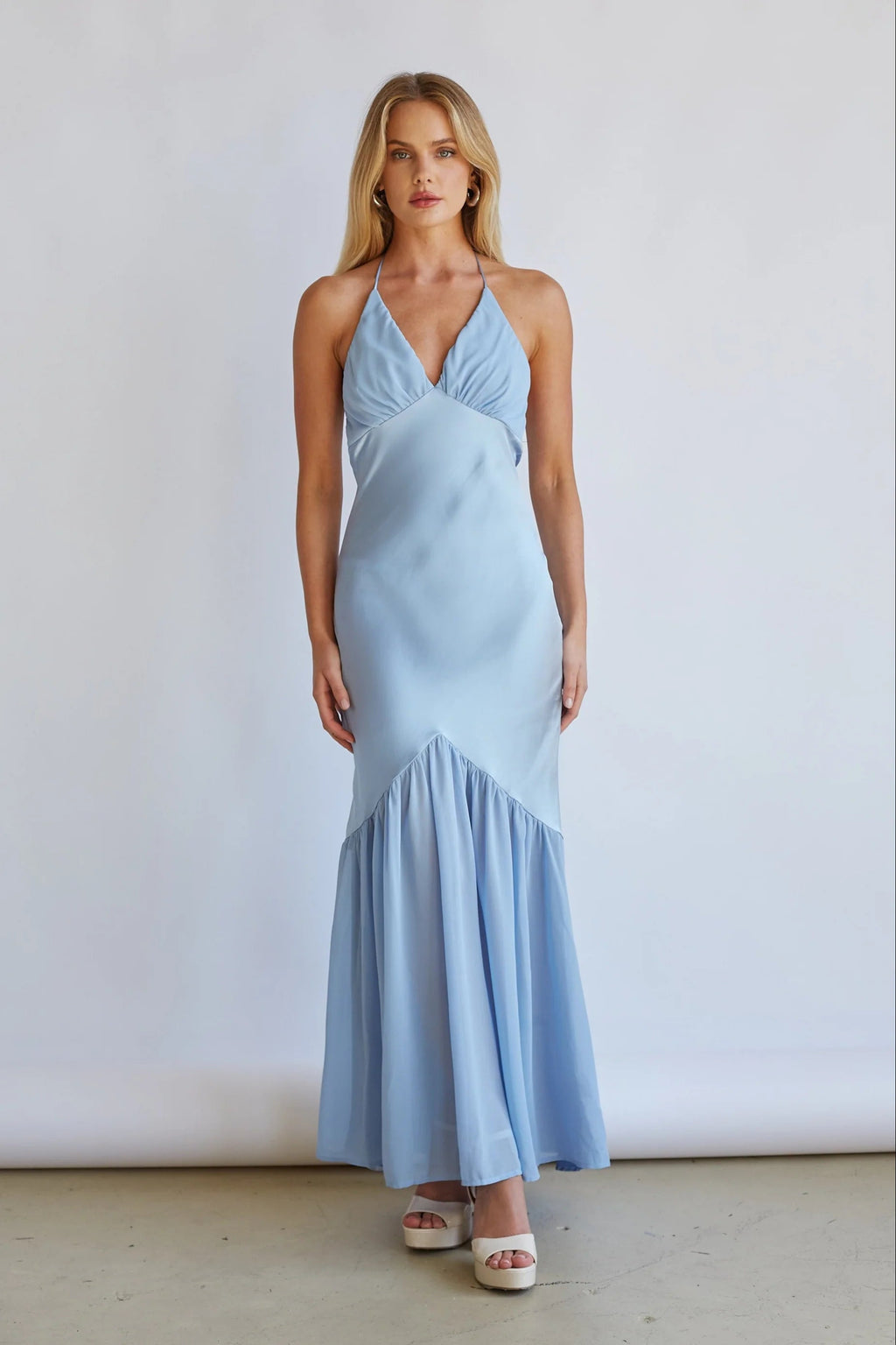 Light Blue Halter Maxi Dress | Deep V-Neck Open-Back Ruffle Hem Evening Dress