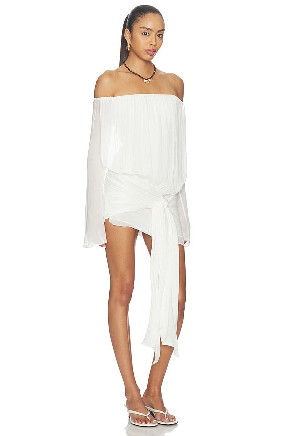 White Off-Shoulder Long Sleeve Mini Dress | Draped Tie-Front Bridal & Party Dress