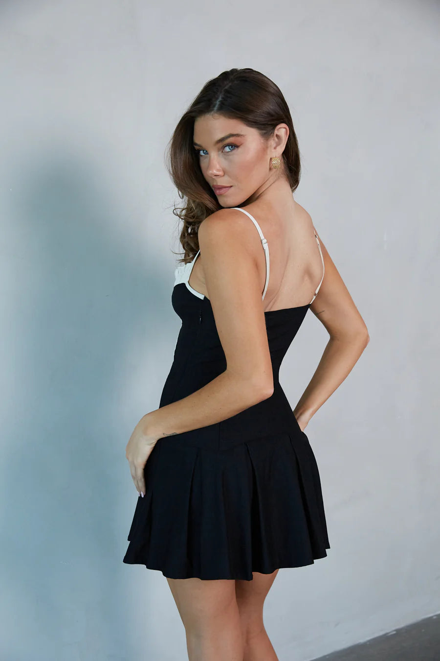Black Lace-Trim Mini Dress | Bow-Front Spaghetti Strap Fit-and-Flare Dress