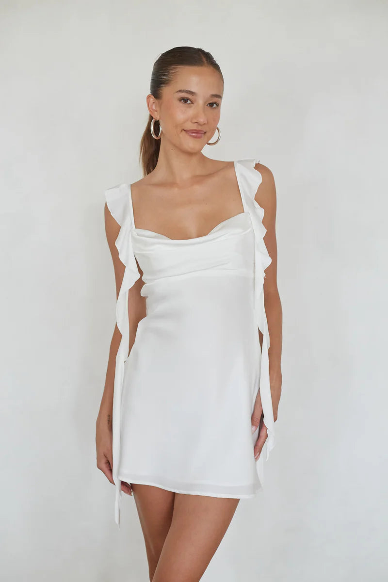 Ruffle Strap Mini Slip Dress | Cowl Neck Open-Back Satin-Look Party Dress