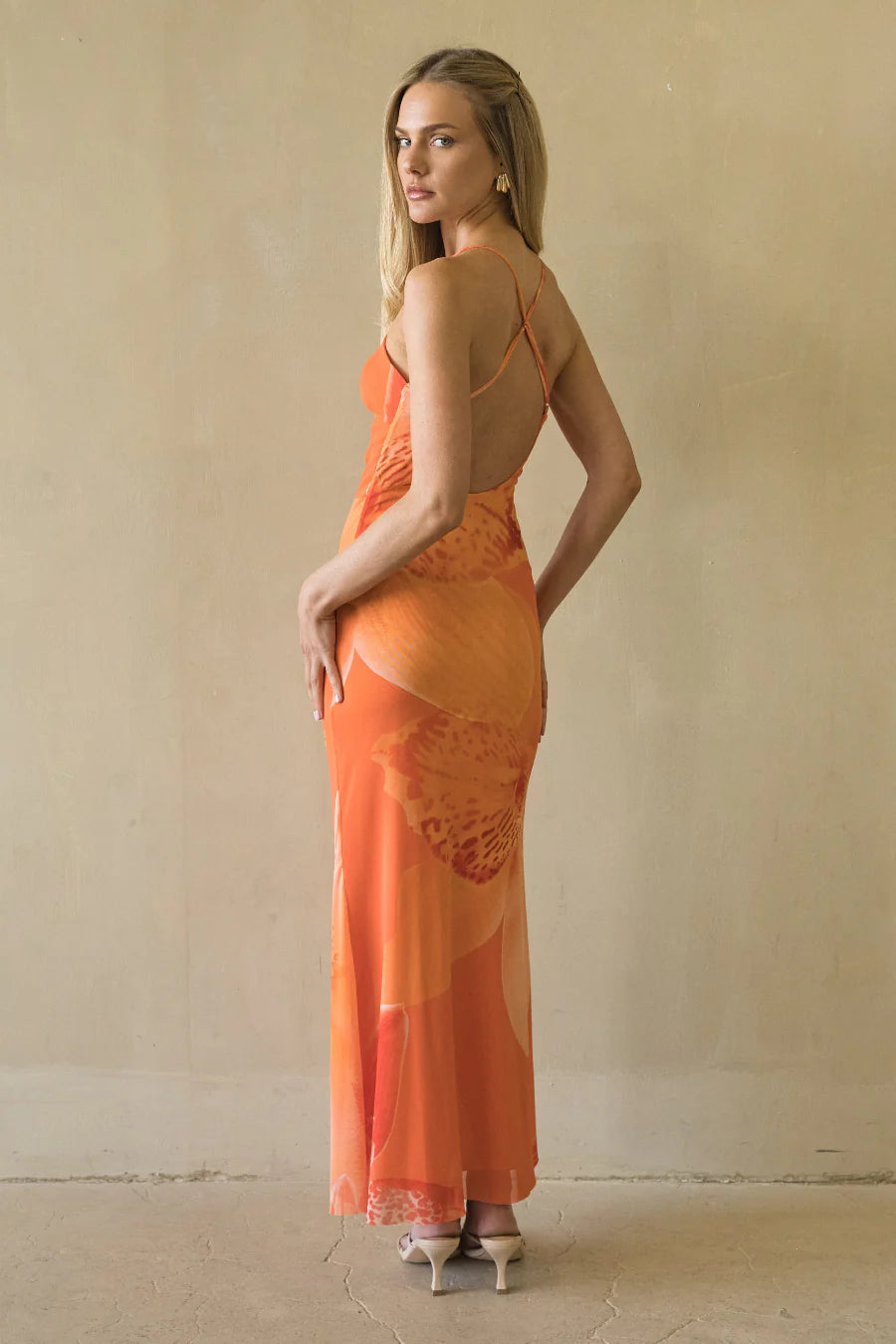 Orange Floral Maxi Slip Dress | Tie-Front Cross-Back Vacation Dress