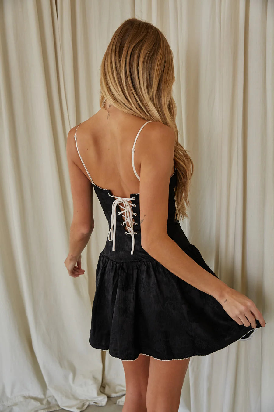 Black Corset-Style Mini Dress | Bow-Front Lace-Up Back Fit-and-Flare Dress