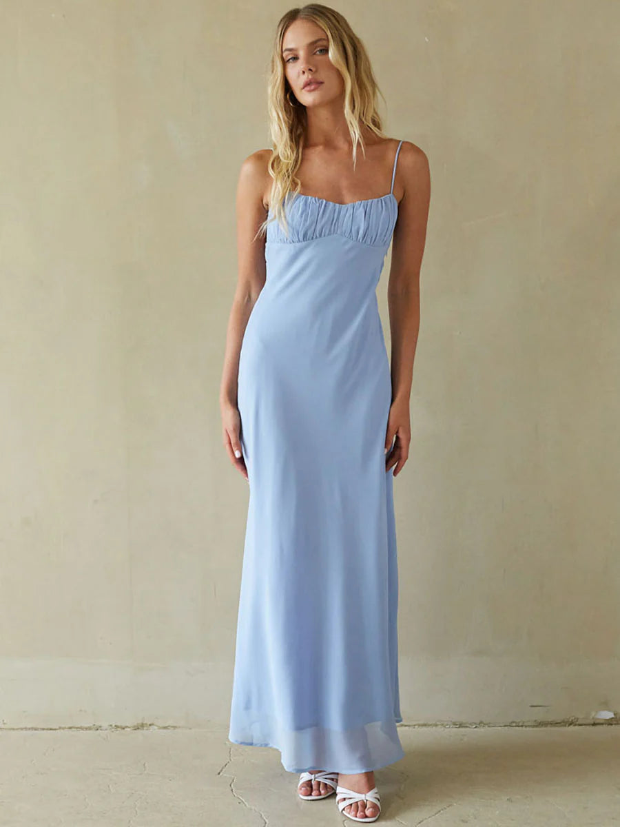 Spaghetti Strap Maxi Slip Dress | Ruched Bust Twist-Back Cutout Occasion Dress