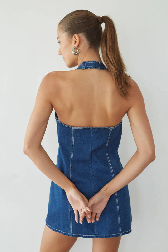 Blue Denim Halter Mini Dress | Zip-Front Open-Back A-Line Dress