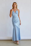 Light Blue Halter Maxi Dress | Deep V-Neck Open-Back Ruffle Hem Evening Dress