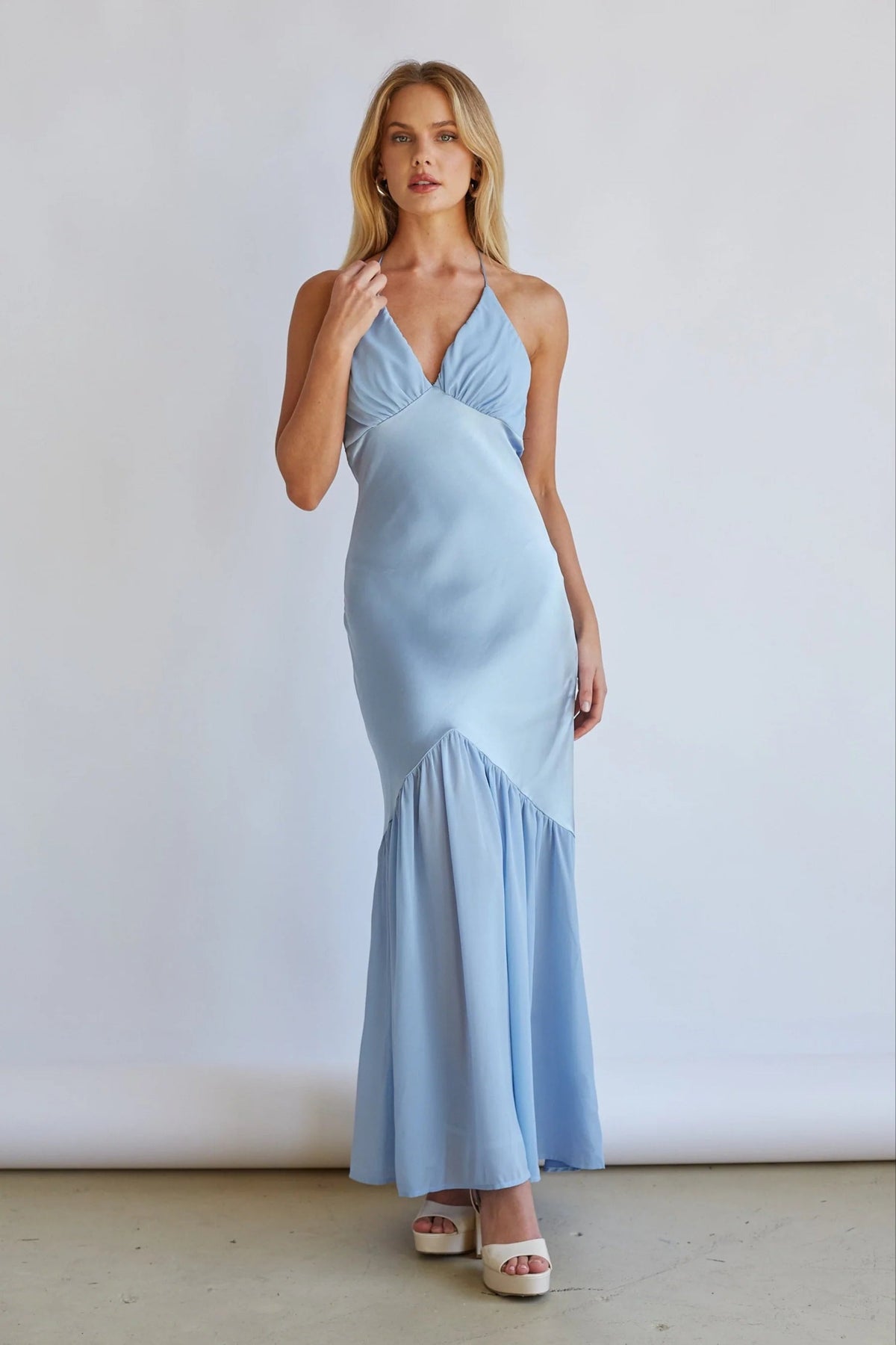 Light Blue Halter Maxi Dress | Deep V-Neck Open-Back Ruffle Hem Evening Dress