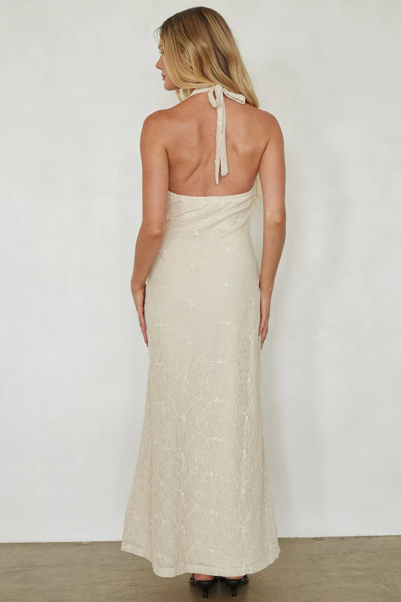 Ivory Floral Lace Halter Maxi Dress | Deep V-Neck Open-Back Occasion Dress