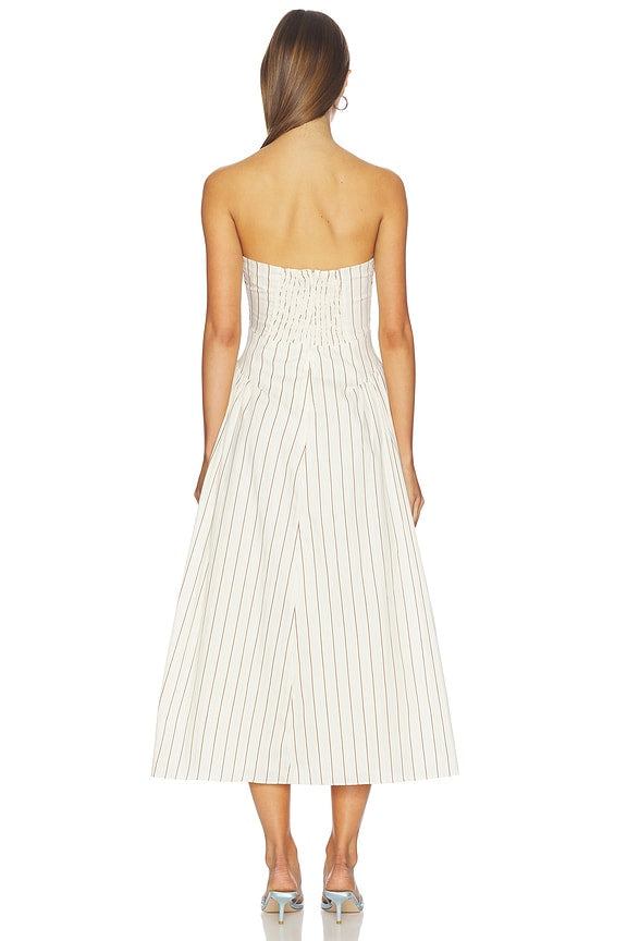 Ivory Striped Strapless Midi Dress with Pockets | A-Line Summer Occasion Dress