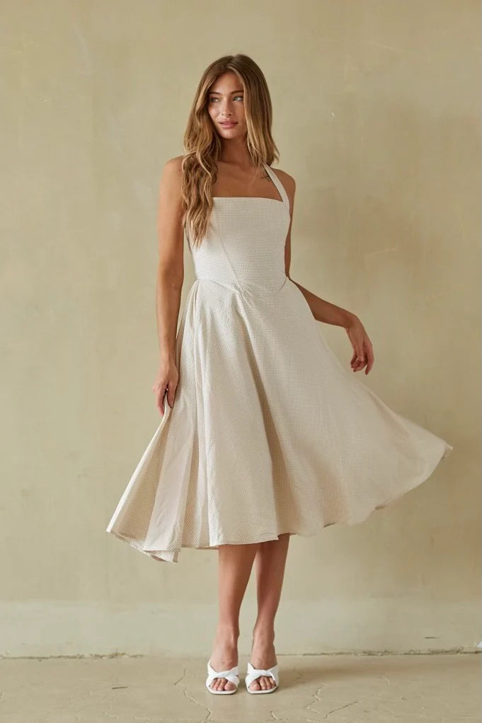 Gingham Halter Midi Dress | Lace-Up Back Corset-Style A-Line Sundress