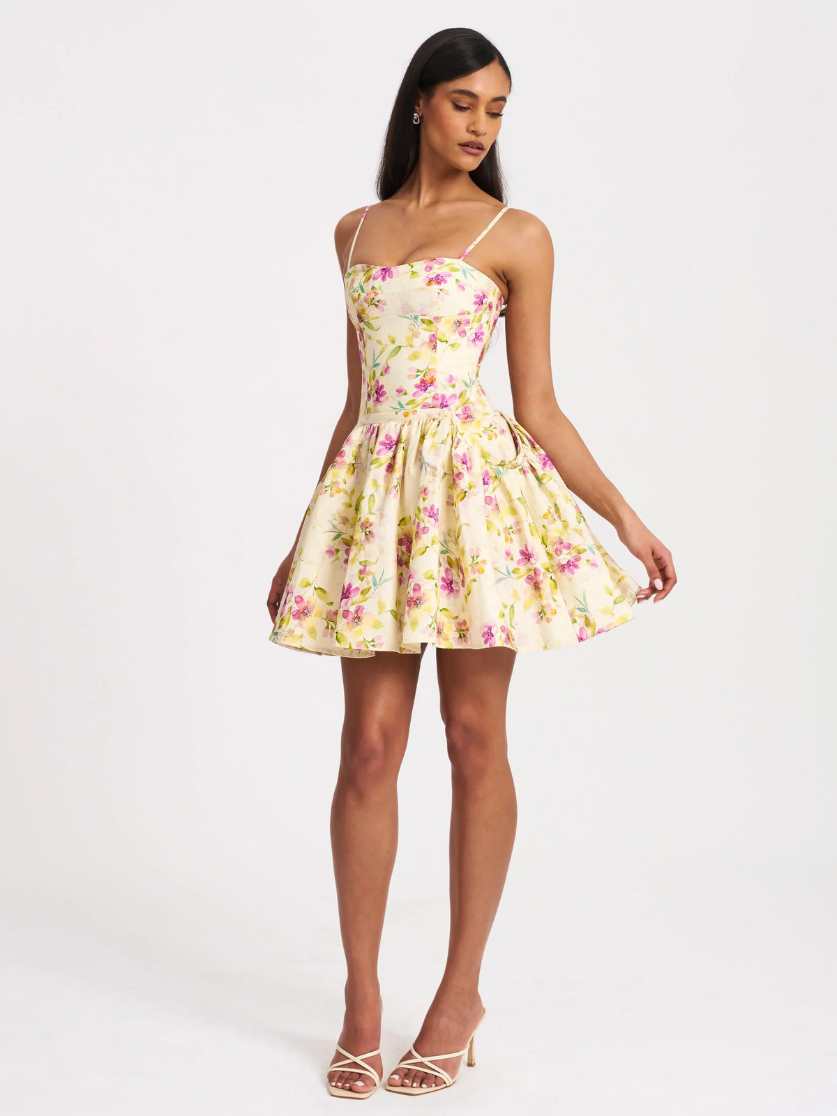 Ivory Floral Corset-Style Mini Dress with Pockets | Spaghetti Strap A-Line Party Dress