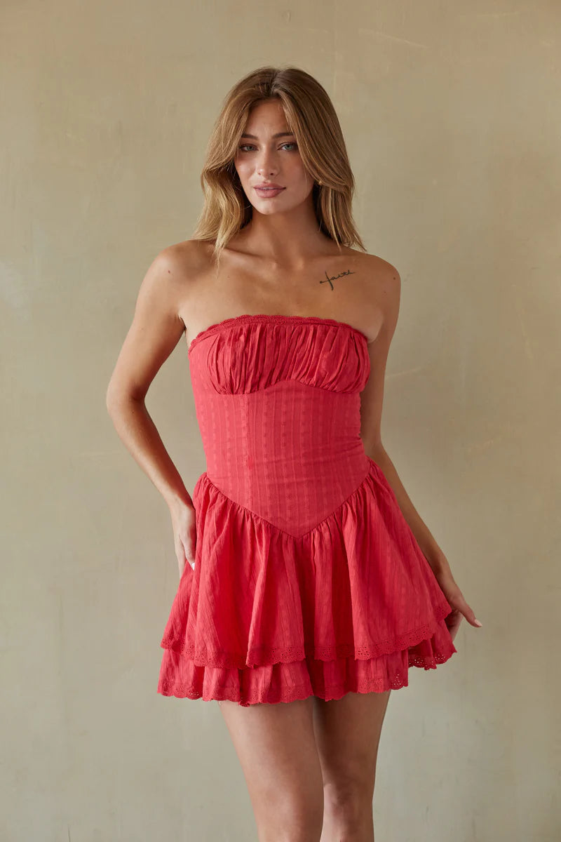 Red Strapless Corset-Style Mini Dress | Tiered Ruffle Summer Sundress