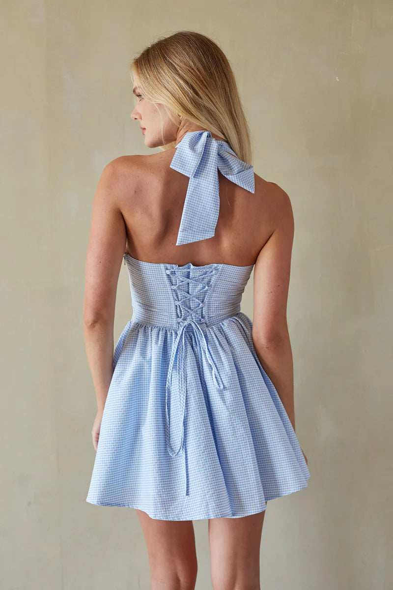 Light Blue Halter Corset Mini Dress | Lace-Up Back Fit-and-Flare Sundress