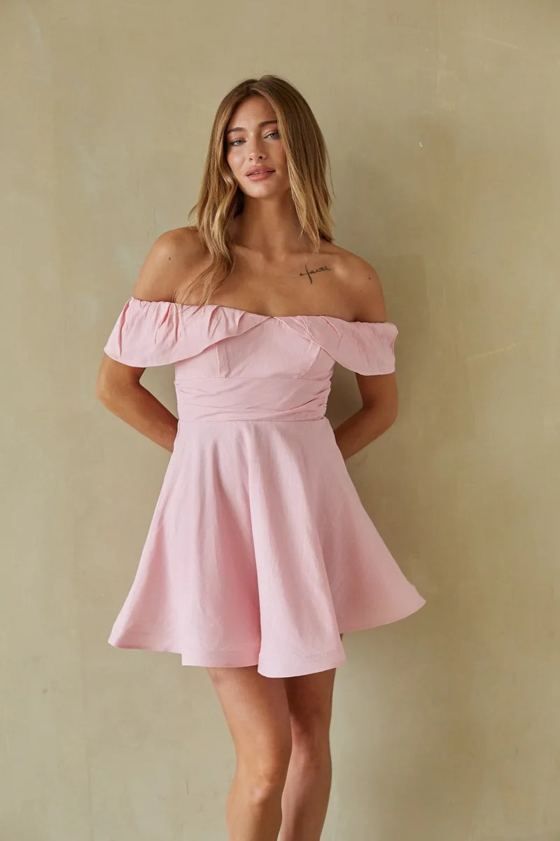 Off-Shoulder Ruffle Mini Dress | Ruched Waist Fit-and-Flare Party Dress