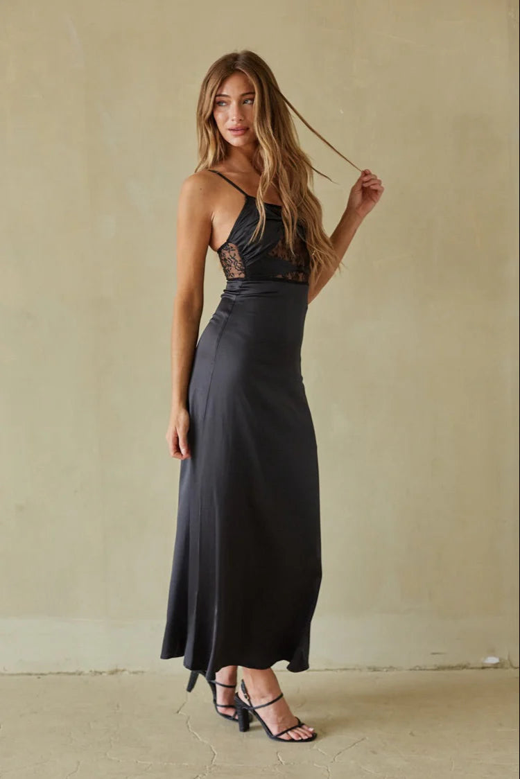 Black Lace Panel Maxi Slip Dress | Twist-Front Satin-Look Evening Dress