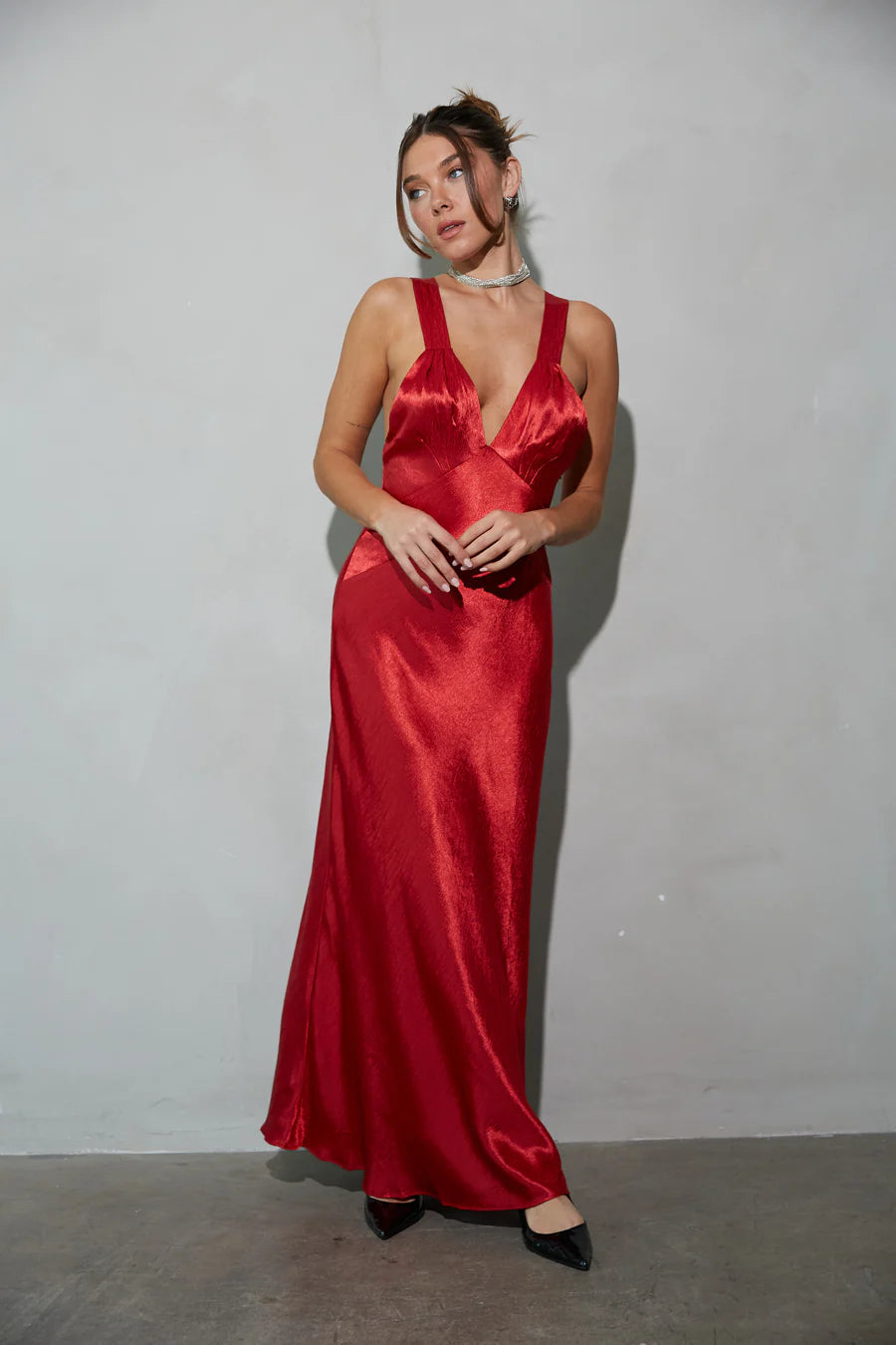 Red Satin-Look Maxi Dress | Deep V-Neck Cross-Back Evening Dress
