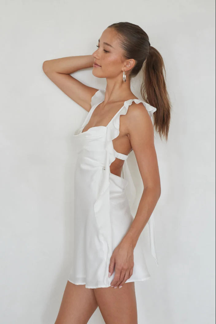 Ruffle Strap Mini Slip Dress | Cowl Neck Open-Back Satin-Look Party Dress
