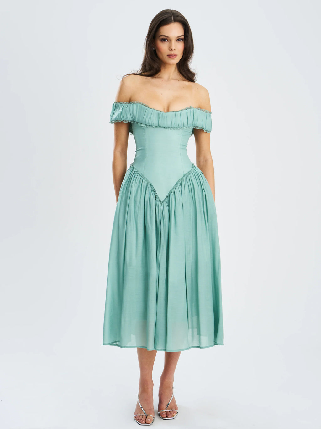 Seafoam Green Off-Shoulder Corset-Style Midi Dress | Lace-Trim A-Line Wedding Guest Dress