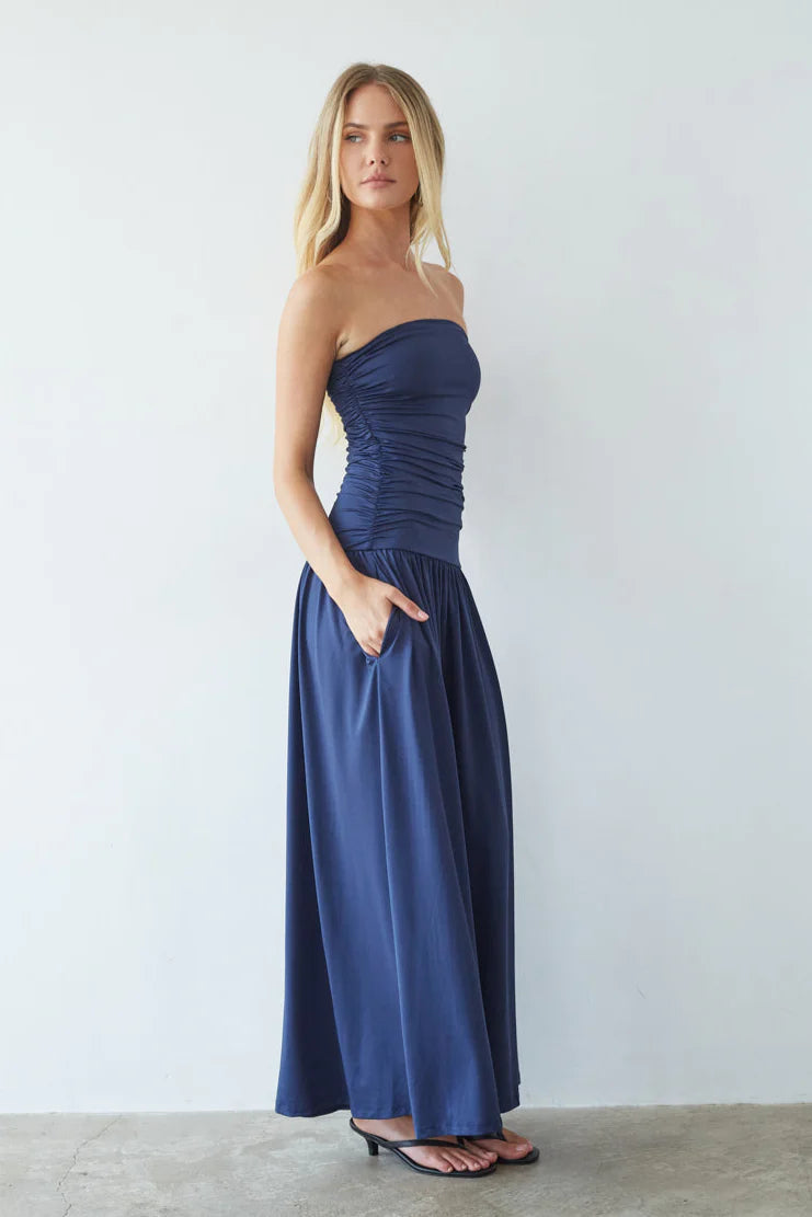Strapless Ruched Drop-Waist Maxi Dress with Pockets | A-Line Occasion Dress